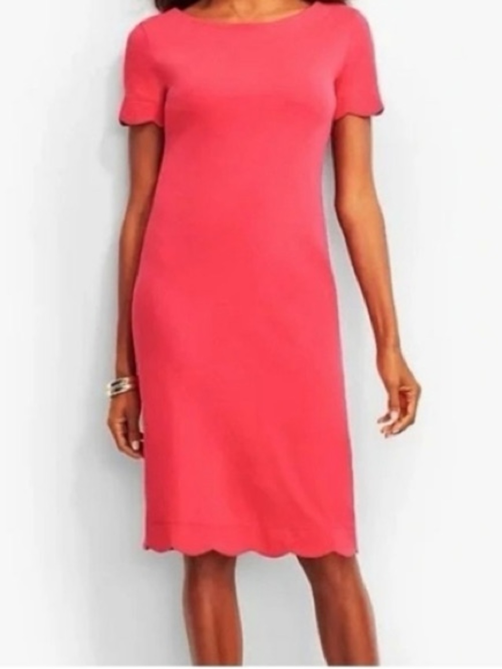 Talbots Scallop-Hem Short Sleeve Dress in Coral Pink 100% Cotton (M)
